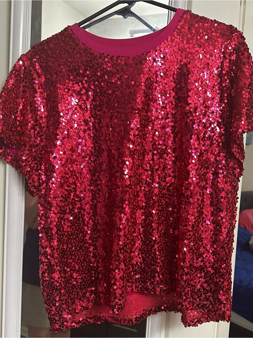 DKNY Red Sequin Short Sleeve Top